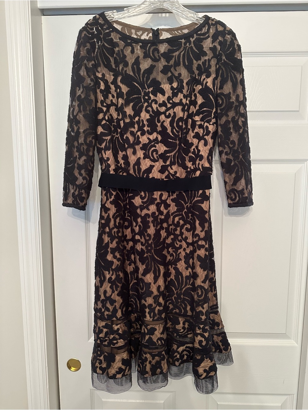 Tadashi Shoji Black Floral Lace Overlay on Nude Dress